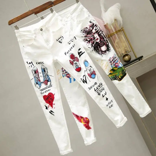 Frauen Weiße Dünne Jeanshose Cartoon Graffiti Print Stretched Jeans Herbst Schlanke Bleistiftjeans Damen Jeans Y77