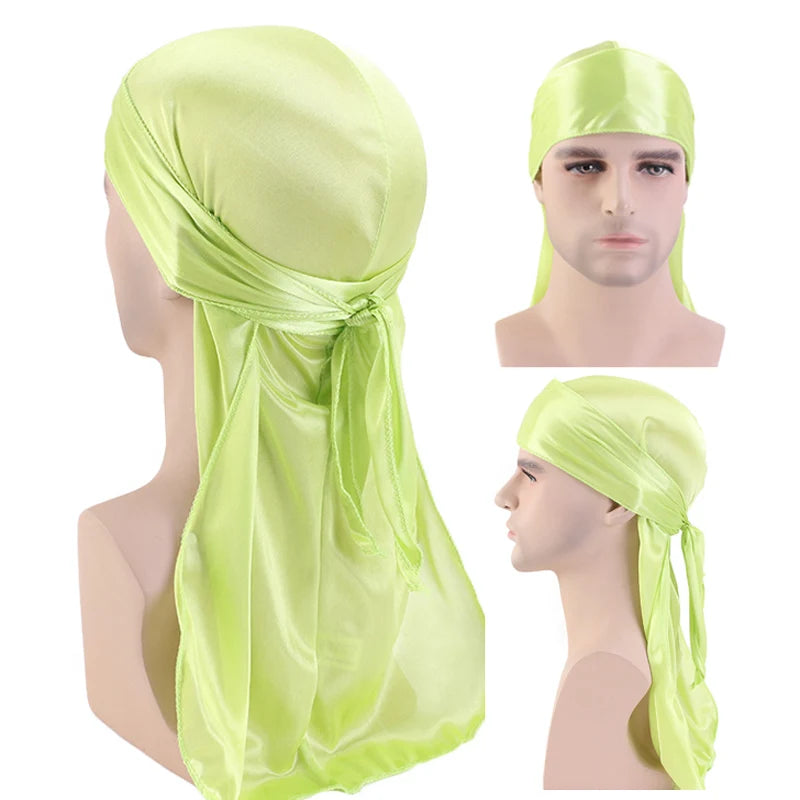 Durag mit langem Schwanz, seidiger Schal, muslimischer Doo Rag, Piratenhut, Durag, Chemo-Mütze, Totenkopfhut, Turban-Haarband, Bandanas, 18 Farben zur Auswahl