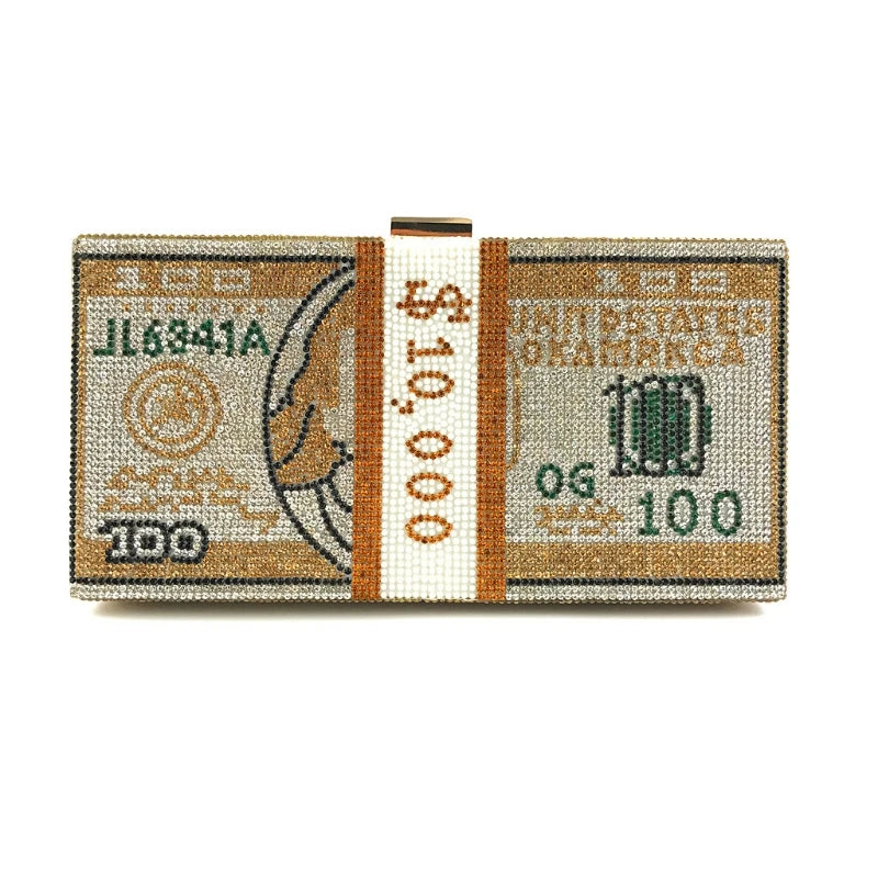 Luxury Money Clutch Rhinestone Purse 10000 Dollars Stack of Cash Evening Handbags Shoulder Wedding Dinner Bag 8 Color Wallet