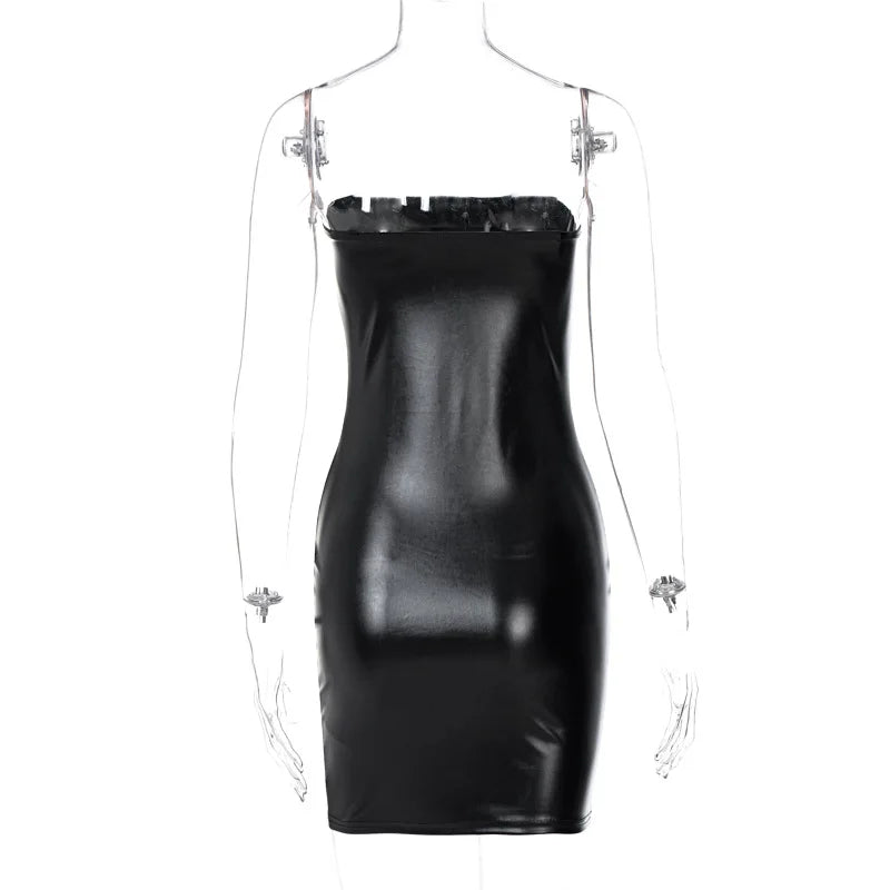 Women Summer Sexy Party Strapless Bodycon Pu Leather Slim Package Hip Black Mini Dress Sundress