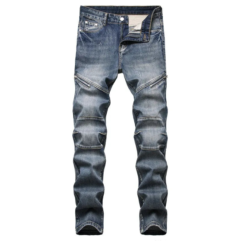 2020 High Quality Men Casual Jeans Coated Slim Straight Pleated Biker Jeans Pants Male Denim Casual Pants Plus Size 42