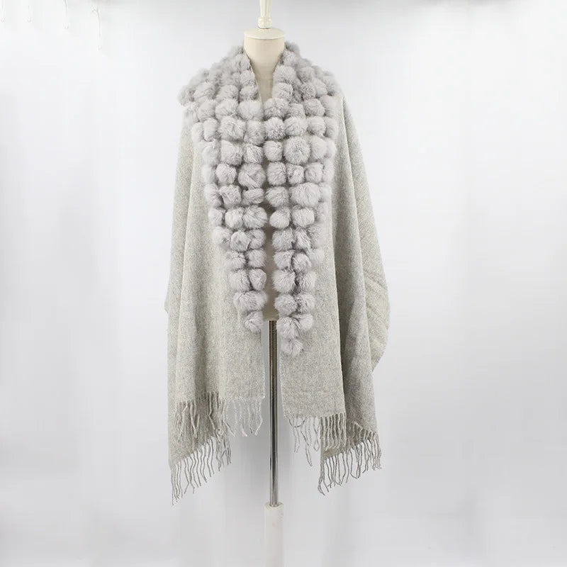 20 Colors Triangle Real Rabbit Fur Ball Shawl Wraps Winter Women Cashmere Tassel Cape Pompon Cloak Lady Mum Gift Casaco Feminino