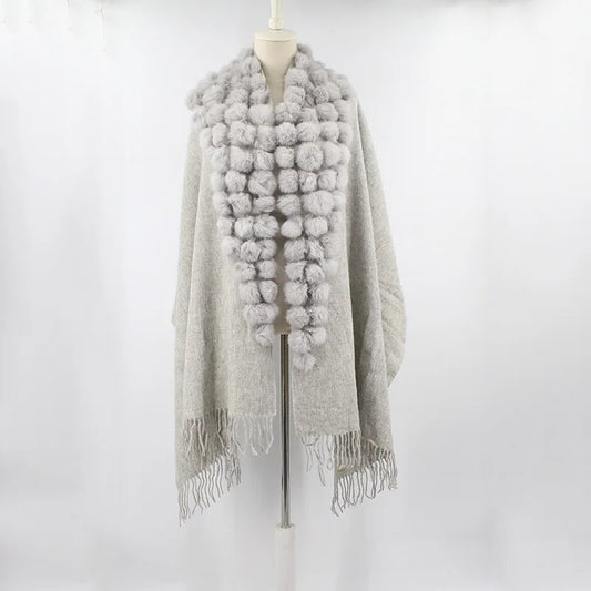 20 Colors Triangle Real Rabbit Fur Ball Shawl Wraps Winter Women Cashmere Tassel Cape Pompon Cloak Lady Mum Gift Casaco Feminino