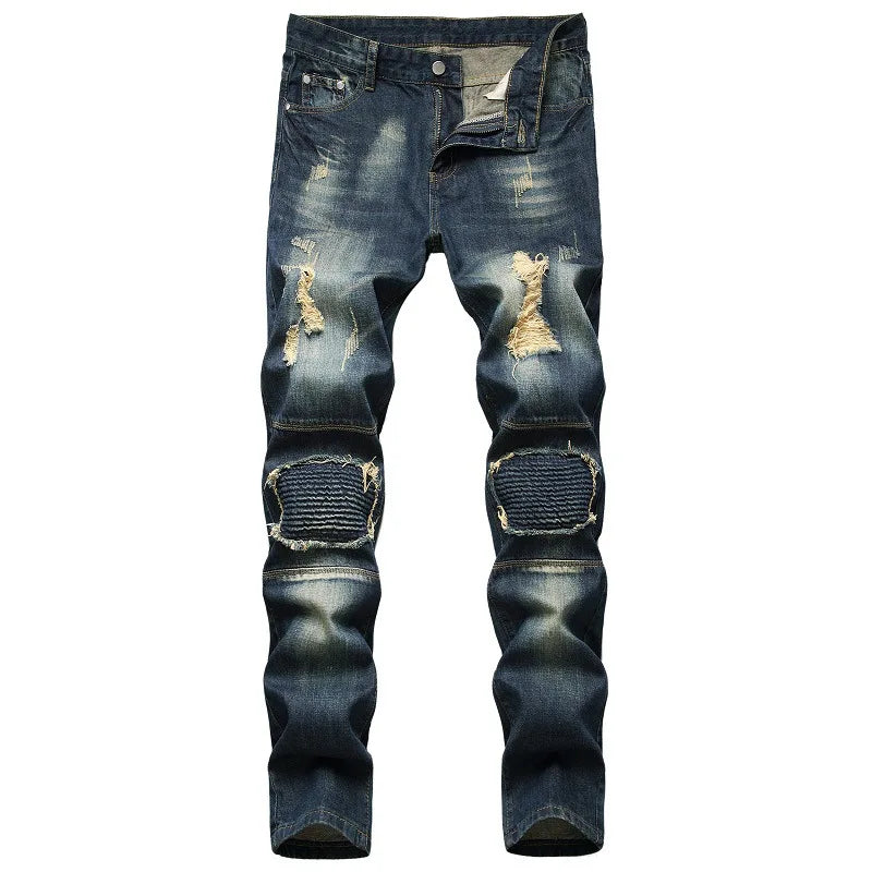 2020 High Quality Men Casual Jeans Coated Slim Straight Pleated Biker Jeans Pants Male Denim Casual Pants Plus Size 42