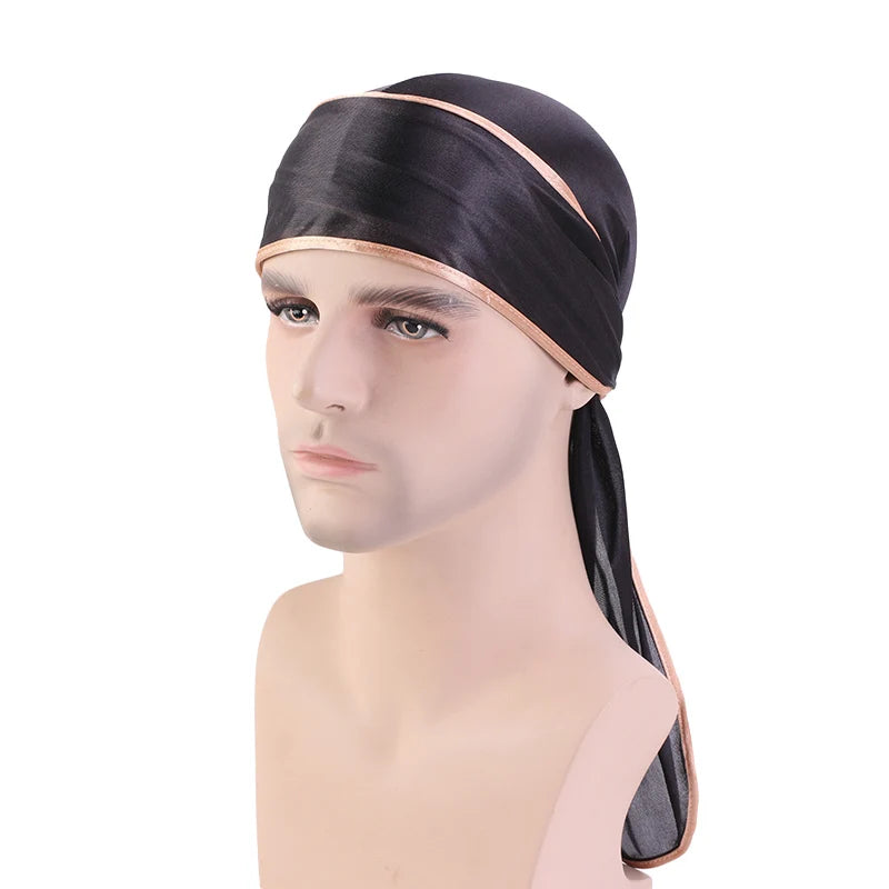 Durag mit langem Schwanz, seidiger Schal, muslimischer Doo Rag, Piratenhut, Durag, Chemo-Mütze, Totenkopfhut, Turban-Haarband, Bandanas, 18 Farben zur Auswahl