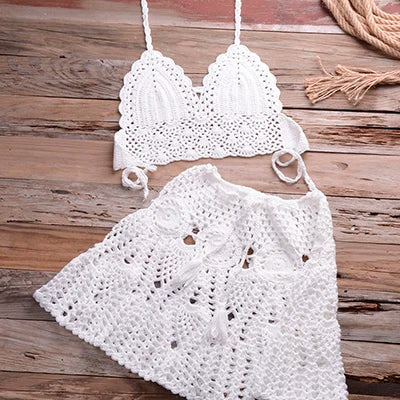 Two-piece Crochet Women Bikini Set Cover Up Swimsuit Swim Skirt Swimwear Bathing Swimdress Beachwear