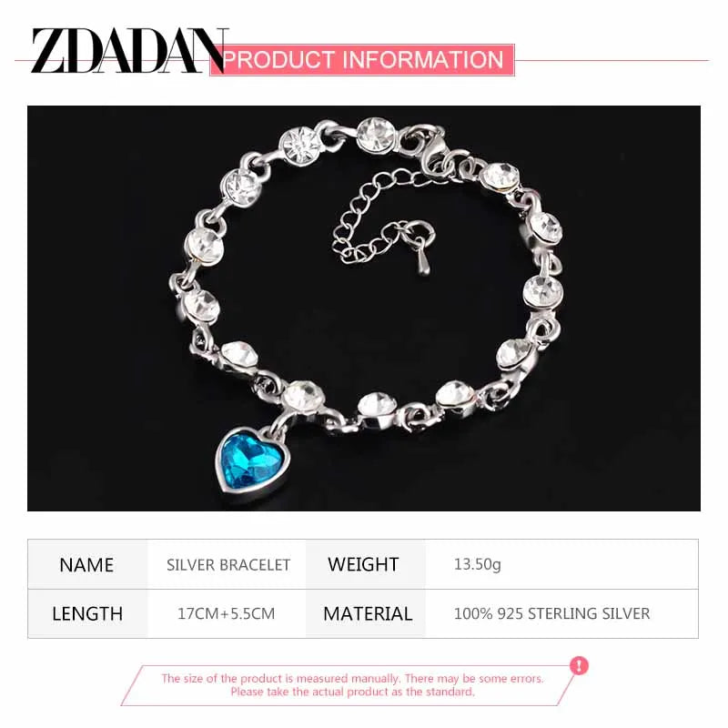 ZDADAN 925 Sterling Silver Charm Sapphire Heart Bracelet Chain For Women Fashion Engagement Party Jewelry Gift