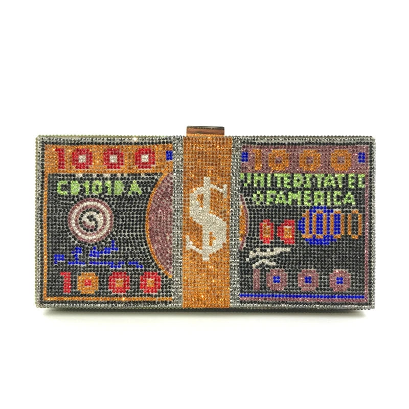 Luxury Money Clutch Rhinestone Purse 10000 Dollars Stack of Cash Evening Handbags Shoulder Wedding Dinner Bag 8 Color Wallet