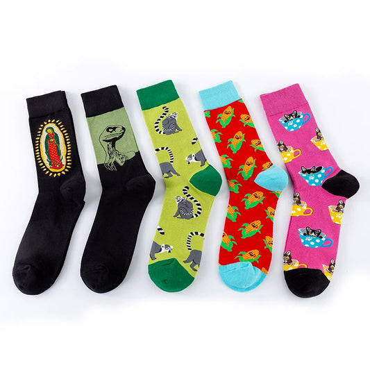 MODA MULAYA  Happy Socks Men Women New Color Combination Dinosaur Jesus Thumb Dog Corn Lemur Sportsman Cool Funny Socks Out