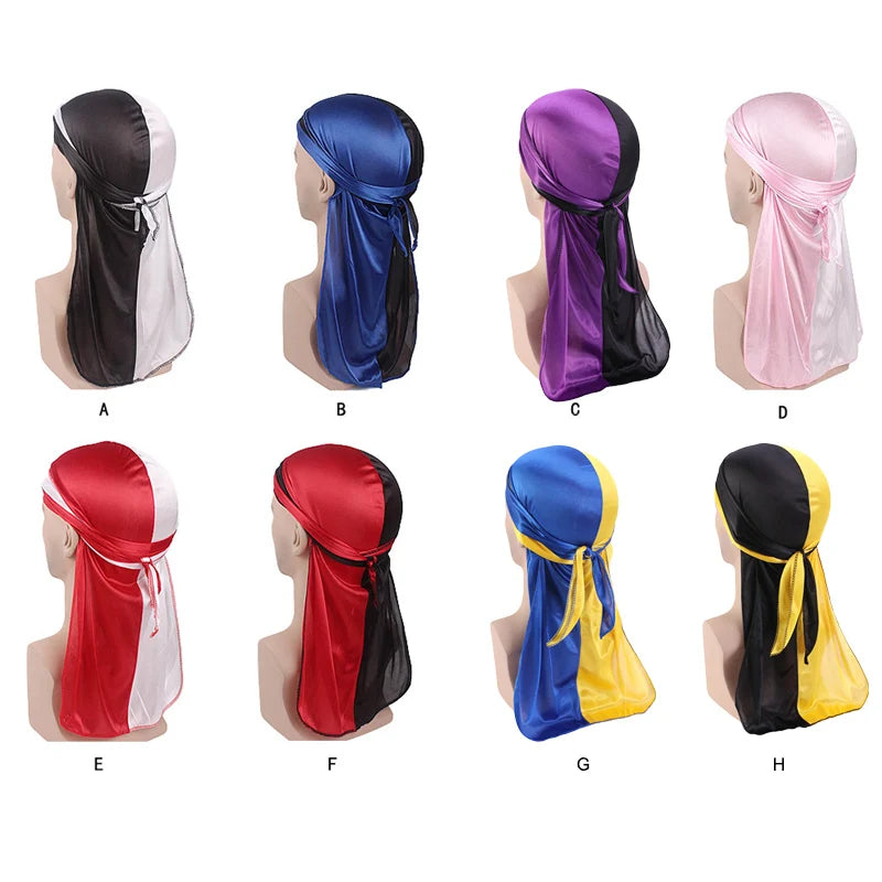 Durag mit langem Schwanz, seidiger Schal, muslimischer Doo Rag, Piratenhut, Durag, Chemo-Mütze, Totenkopfhut, Turban-Haarband, Bandanas, 18 Farben zur Auswahl