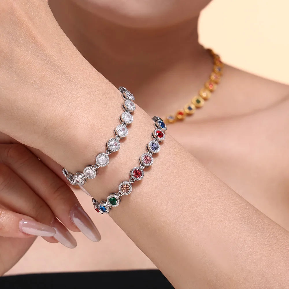YF3961 Stainless Steel Waterproof Jewelry Set 18k PVD Gold Plated Colored Zircon Splicing Necklace Non Tarnish Bracelet
