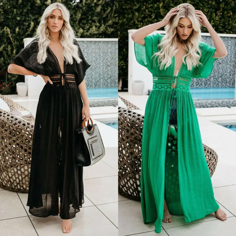 New Summer Women Lace Crochet Beach Cardigan Bikini Cover Up Wrap Beachwear Long Dress