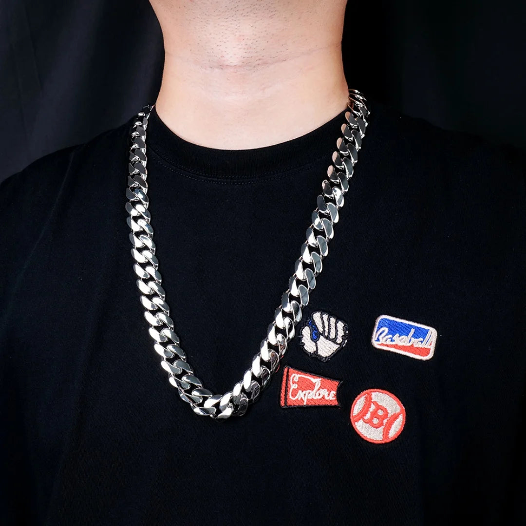 Heavy Metal Style 925 Sterling Silver Hiphop Jewelry Rhodium Plated 18mm Plain Cuban Link Chain Necklace for Rapper