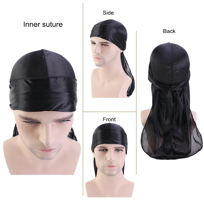 Durag mit langem Schwanz, seidiger Schal, muslimischer Doo Rag, Piratenhut, Durag, Chemo-Mütze, Totenkopfhut, Turban-Haarband, Bandanas, 18 Farben zur Auswahl