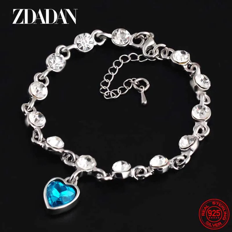 ZDADAN 925 Sterling Silver Charm Sapphire Heart Bracelet Chain For Women Fashion Engagement Party Jewelry Gift
