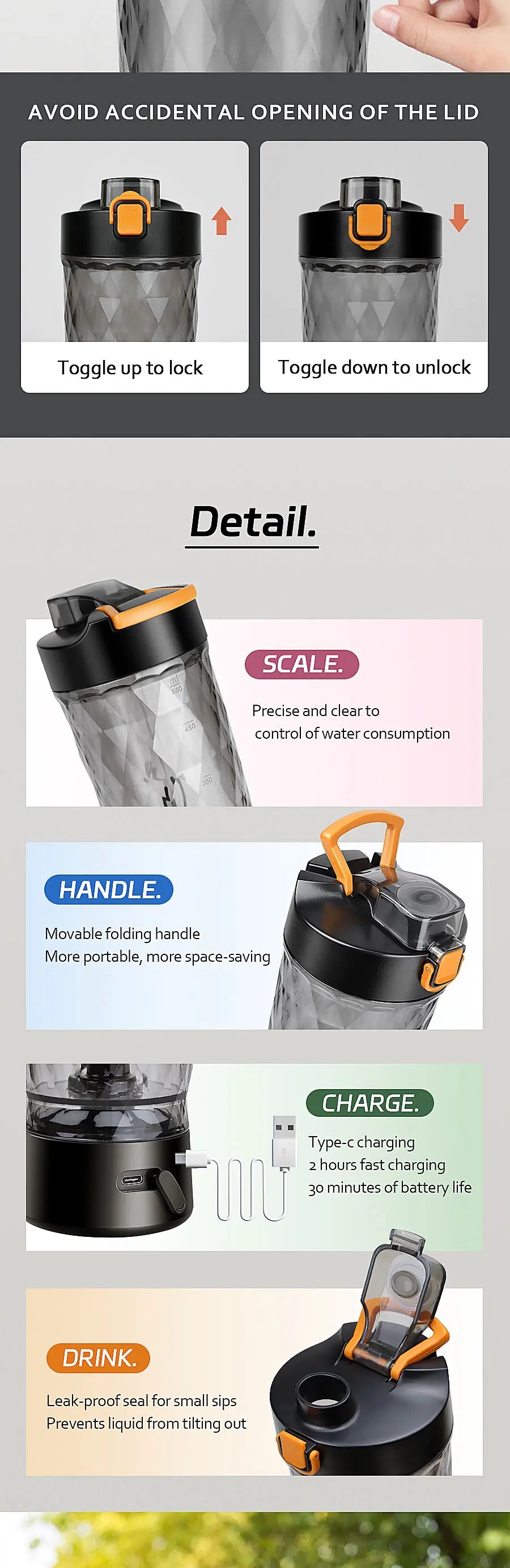 650 ml elektrischer Proteinpulver-Mischbecher, automatischer Shaker-Flaschenmischer, Shake-Flasche, Milchkaffee-Mixer, Wasserkocher für das Fitnessstudio im Freien