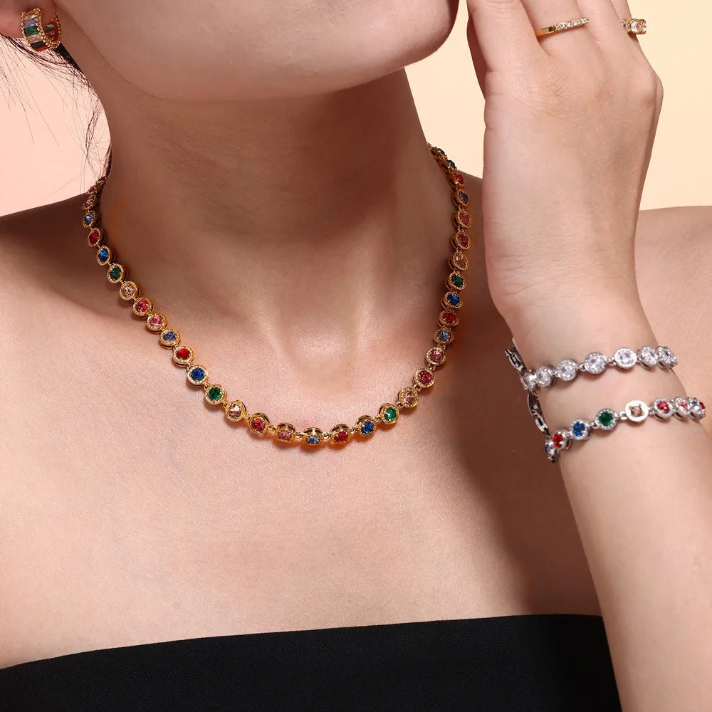 YF3961 Stainless Steel Waterproof Jewelry Set 18k PVD Gold Plated Colored Zircon Splicing Necklace Non Tarnish Bracelet