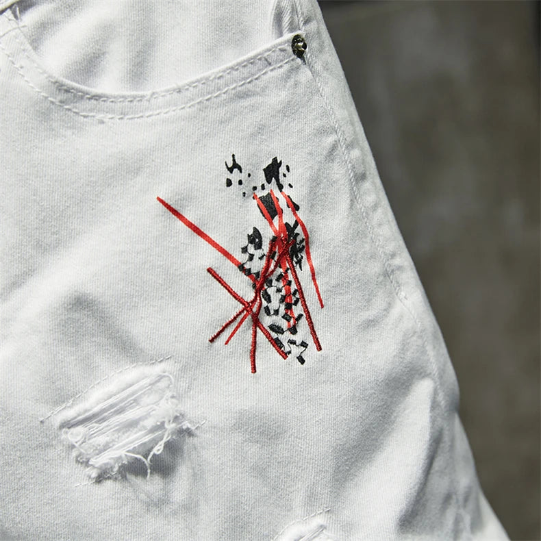 Mode Trendy Stickerei Buchstaben Männer College Jungen Skinny Runway Zipper Denim Hose Destroyed Zerrissene Jeans Schwarz Weiß Jeans