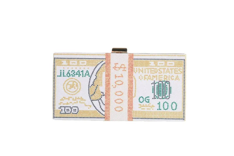 Luxury Money Clutch Rhinestone Purse 10000 Dollars Stack of Cash Evening Handbags Shoulder Wedding Dinner Bag 8 Color Wallet