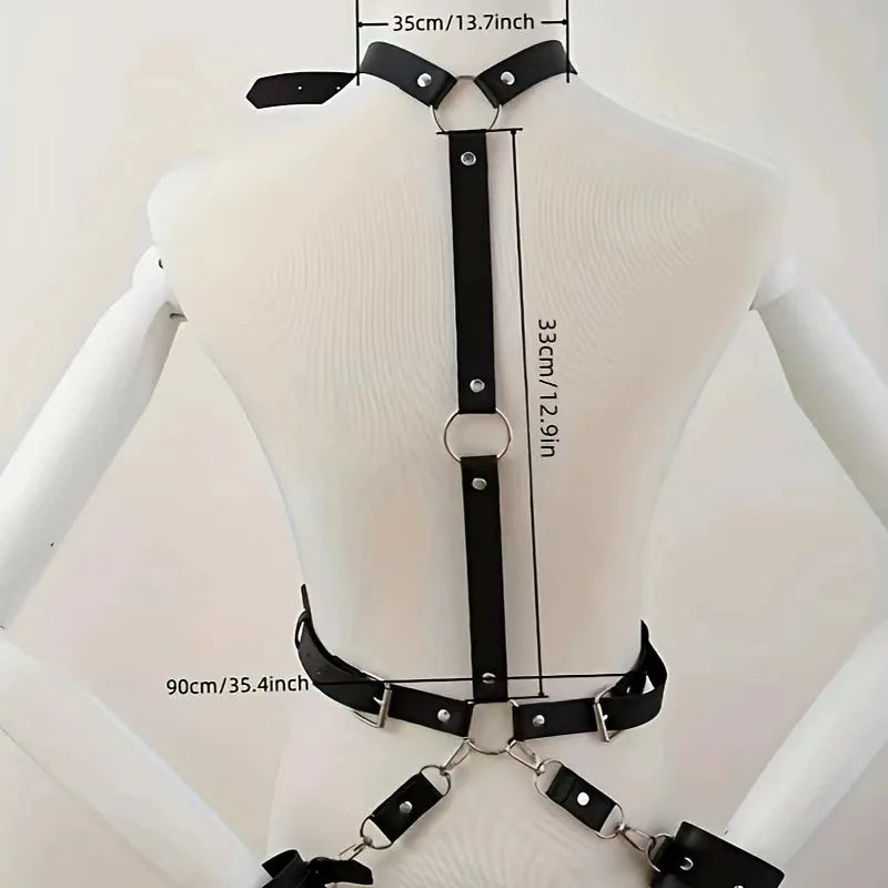 Hollow-Out PU Leather Bondage Dress with Belt Shoulder & Garter Straps Fetish Restraint Wear for BDSM Play
