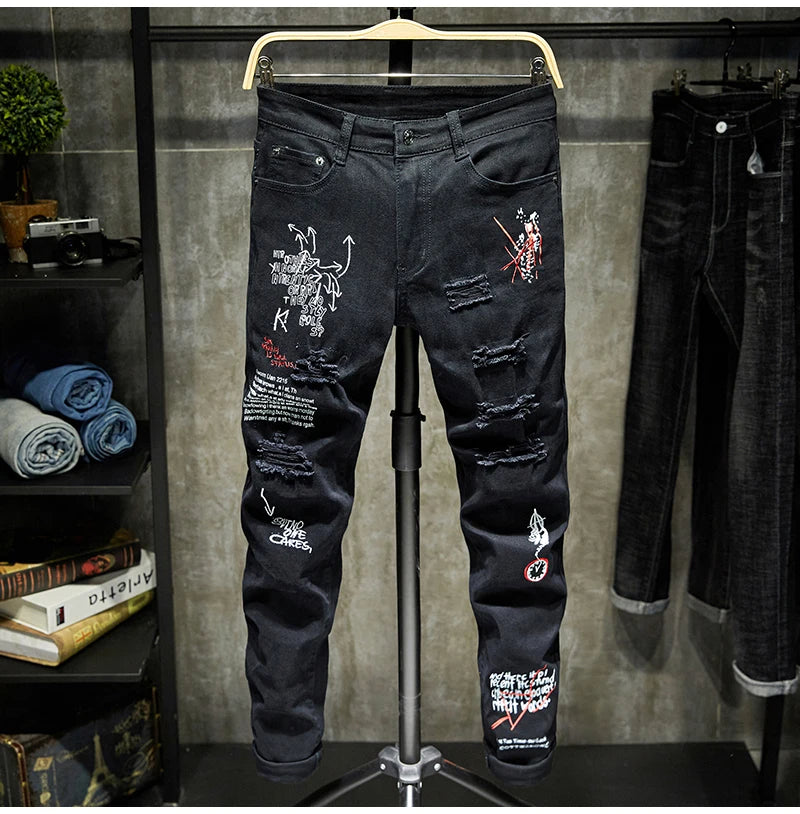 Mode Trendy Stickerei Buchstaben Männer College Jungen Skinny Runway Zipper Denim Hose Destroyed Zerrissene Jeans Schwarz Weiß Jeans