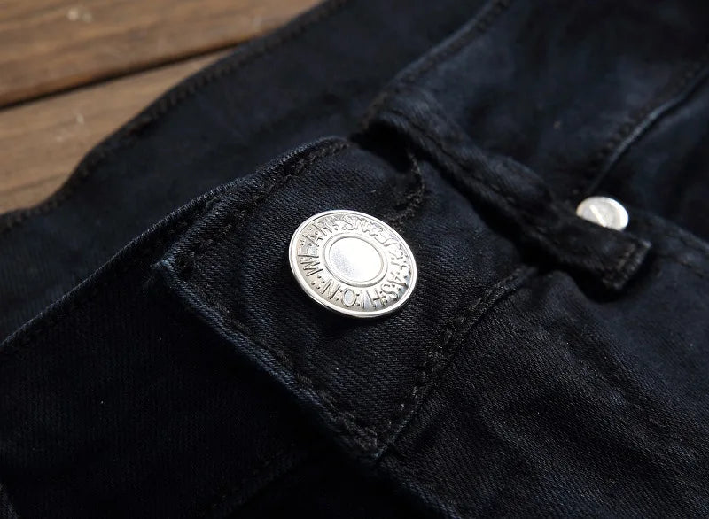 Broken Coated Ripped Jeans Herren Hochwertige Baumwollhose Reißverschluss BIKER Jeans Cowboy Denim Hose Schwarz Weiß Patchwork