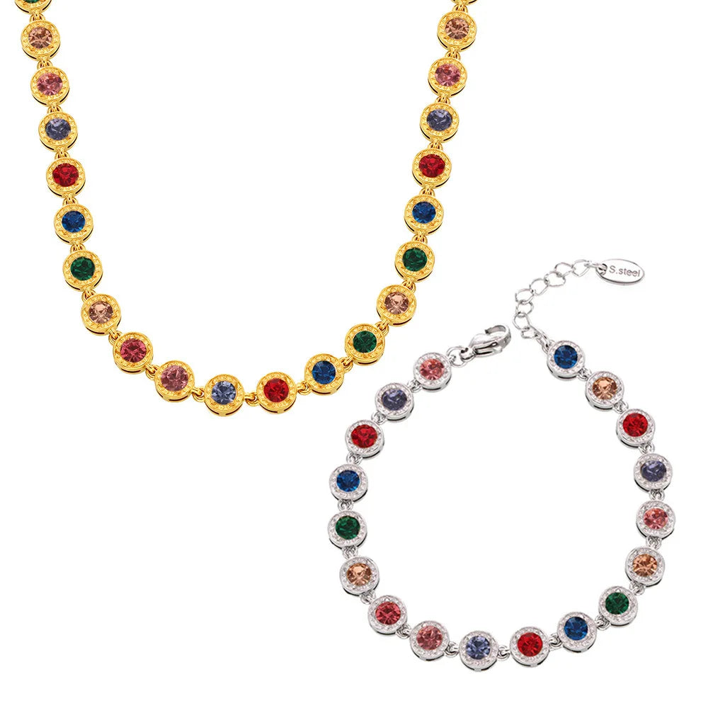 YF3961 Stainless Steel Waterproof Jewelry Set 18k PVD Gold Plated Colored Zircon Splicing Necklace Non Tarnish Bracelet