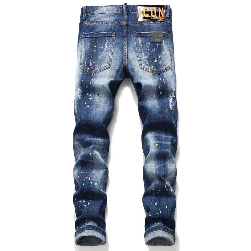 Autumn Winter New Broken Hole Splashed Paint Slim Jeans Stick Cloth Elastic Blue Beggar Trousers Denim Pants