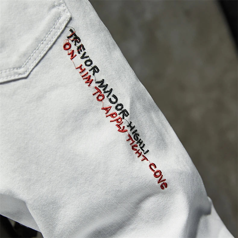 Mode Trendy Stickerei Buchstaben Männer College Jungen Skinny Runway Zipper Denim Hose Destroyed Zerrissene Jeans Schwarz Weiß Jeans