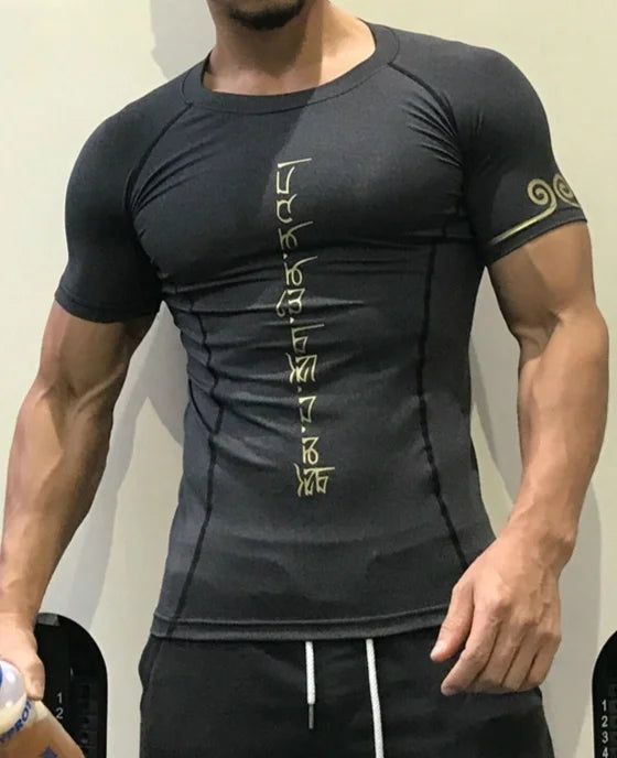 Herren-T-Shirt mit Aufdruck, schnelltrocknend, Fitness, Outdoor-Sport, Laufen, Klettern, kurzärmelig, Strumpfhose, Bodybuilding-Oberteile, Corest-T-Shirt