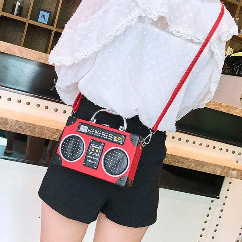 Unique Retro Radio Box Bag Ladies Leather Handbag Shoulder Bag Metal Handle Purse Women's Crossbody Messenger Pouch Flap Bolsas