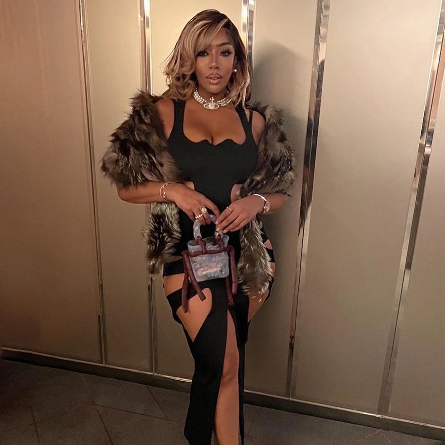 Sexy Black Slim Party Dress Side Split Skinny Hollow Out Dress Elegant Women Casual Dresses
