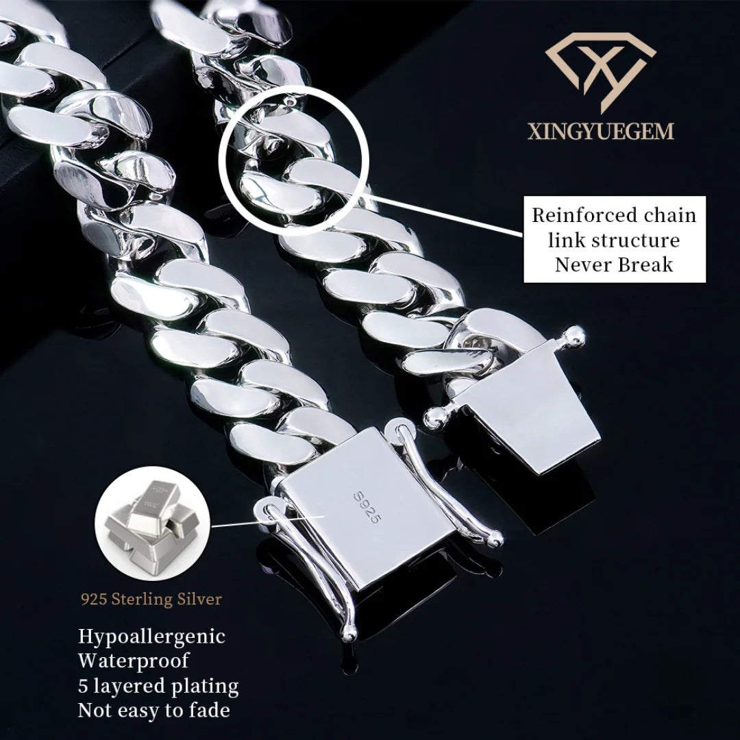 Heavy Metal Style 925 Sterling Silver Hiphop Jewelry Rhodium Plated 18mm Plain Cuban Link Chain Necklace for Rapper