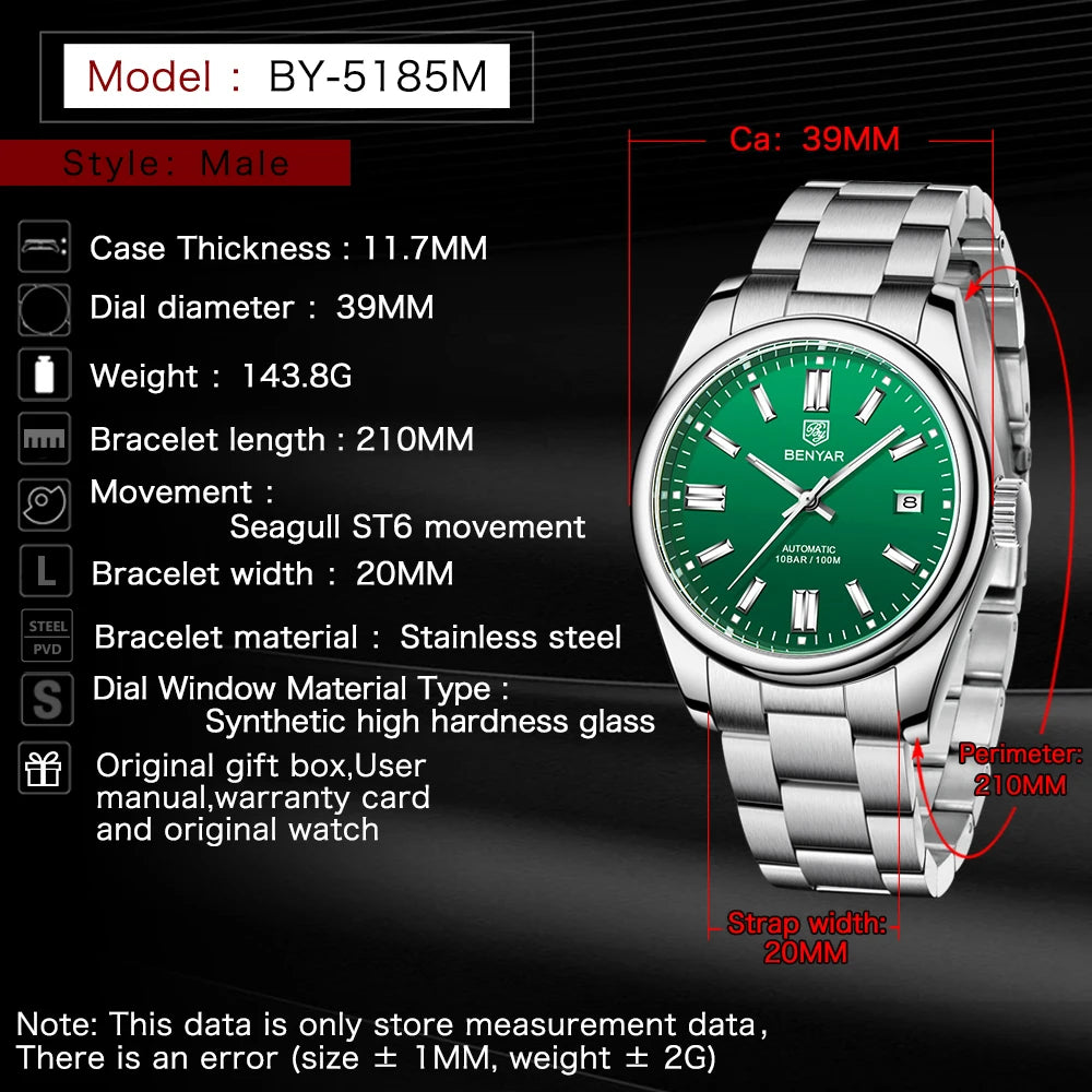 BENYAR Neue Taucheruhr für Männer 10Bar wasserdichte Herren Mechanische Armbanduhren Luxus Edelstahl Automatikuhren