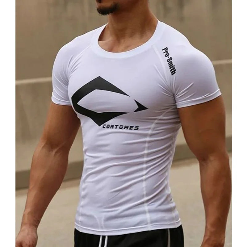 Herren-T-Shirt mit Aufdruck, schnelltrocknend, Fitness, Outdoor-Sport, Laufen, Klettern, kurzärmelig, Strumpfhose, Bodybuilding-Oberteile, Corest-T-Shirt