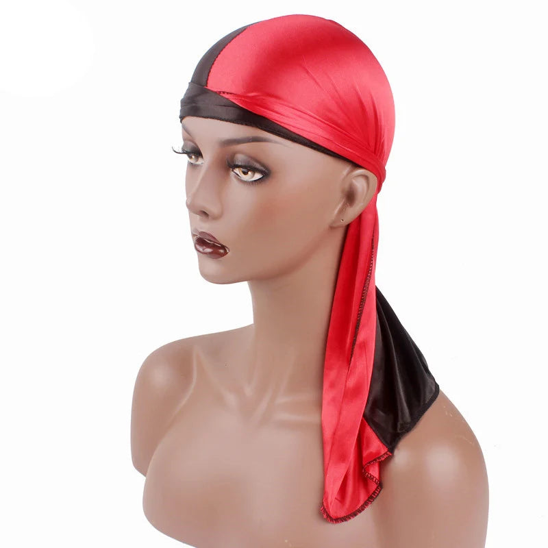 Durag mit langem Schwanz, seidiger Schal, muslimischer Doo Rag, Piratenhut, Durag, Chemo-Mütze, Totenkopfhut, Turban-Haarband, Bandanas, 18 Farben zur Auswahl