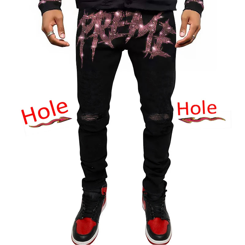 Neue Herren-Trend-Schwarze zerrissene Jeans Fashion Street Hole Hose Gemütliches Skinny-Design Hot Rhinestone Stretch Soft Washed Denim Pants