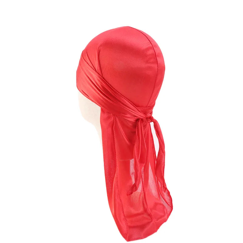 Durag mit langem Schwanz, seidiger Schal, muslimischer Doo Rag, Piratenhut, Durag, Chemo-Mütze, Totenkopfhut, Turban-Haarband, Bandanas, 18 Farben zur Auswahl