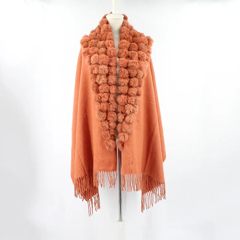 20 Colors Triangle Real Rabbit Fur Ball Shawl Wraps Winter Women Cashmere Tassel Cape Pompon Cloak Lady Mum Gift Casaco Feminino