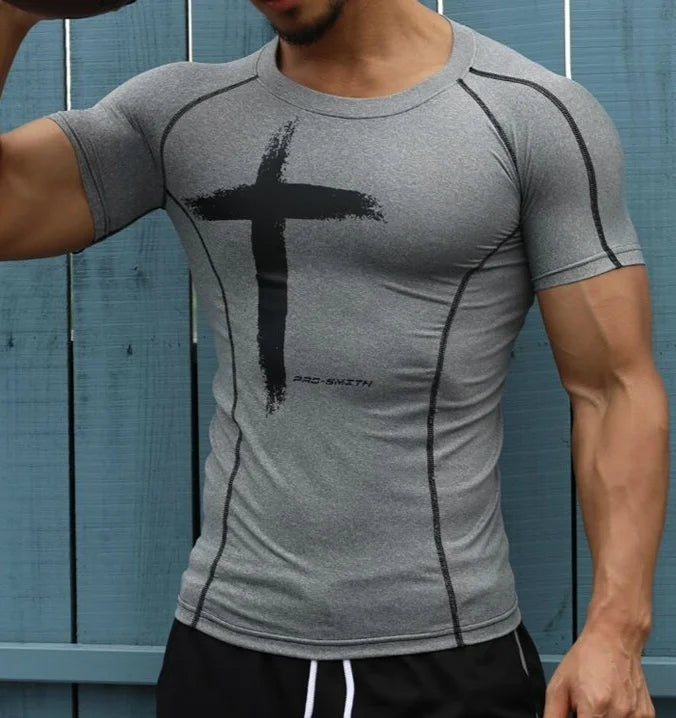 Herren-T-Shirt mit Aufdruck, schnelltrocknend, Fitness, Outdoor-Sport, Laufen, Klettern, kurzärmelig, Strumpfhose, Bodybuilding-Oberteile, Corest-T-Shirt
