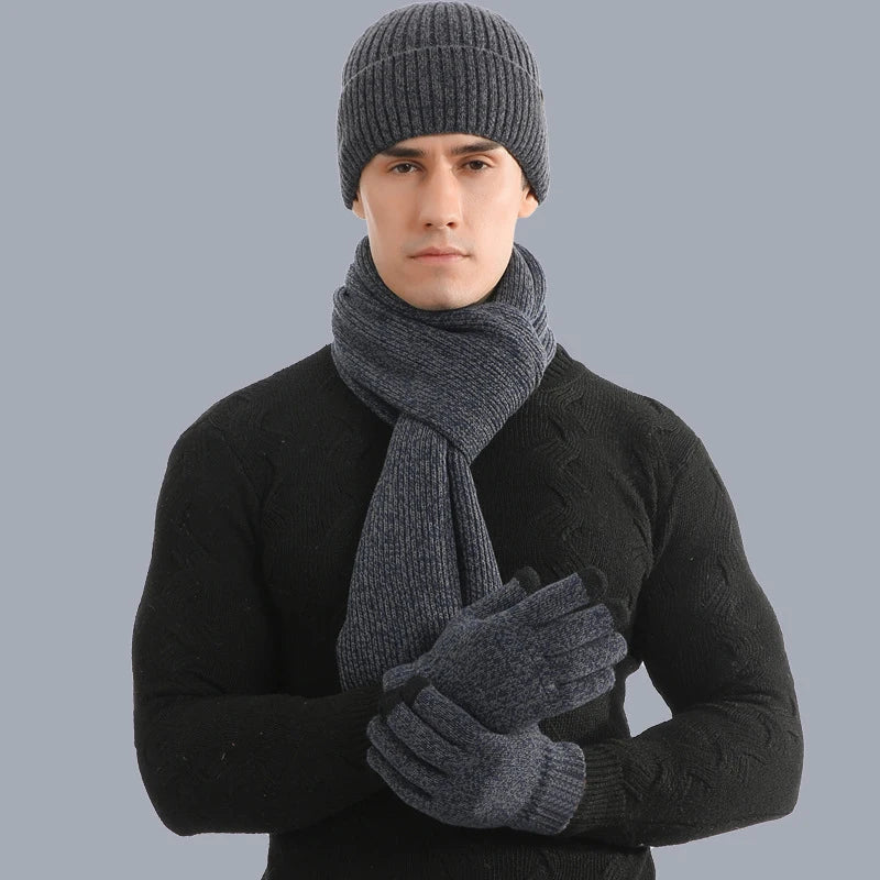 3 piece set of  winter warm men's knitted wool beanie hat scarf gloves set 2020 men's daily leisure ski camping fishing warm set