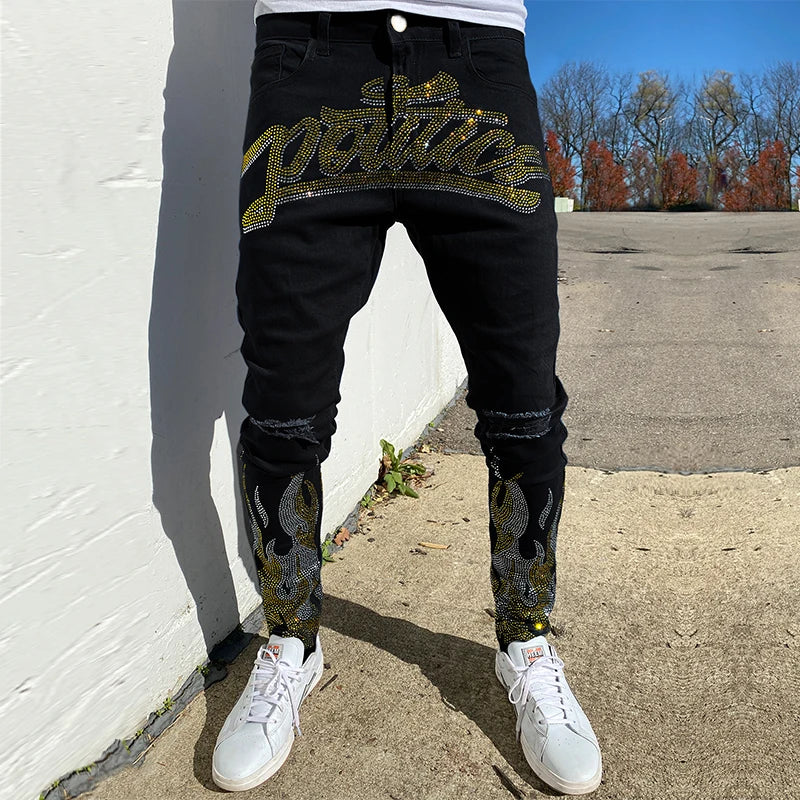 Y2K Herren Stretchy Ripped Skinny Black Jeans Schlanke hochwertige Lochhose Ästhetische Strasssteine ​​Streetwear Denim Bleistifthose