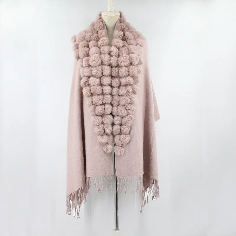 20 Colors Triangle Real Rabbit Fur Ball Shawl Wraps Winter Women Cashmere Tassel Cape Pompon Cloak Lady Mum Gift Casaco Feminino