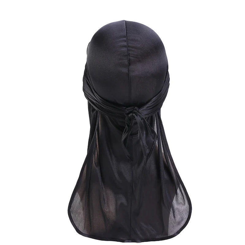 Durag mit langem Schwanz, seidiger Schal, muslimischer Doo Rag, Piratenhut, Durag, Chemo-Mütze, Totenkopfhut, Turban-Haarband, Bandanas, 18 Farben zur Auswahl