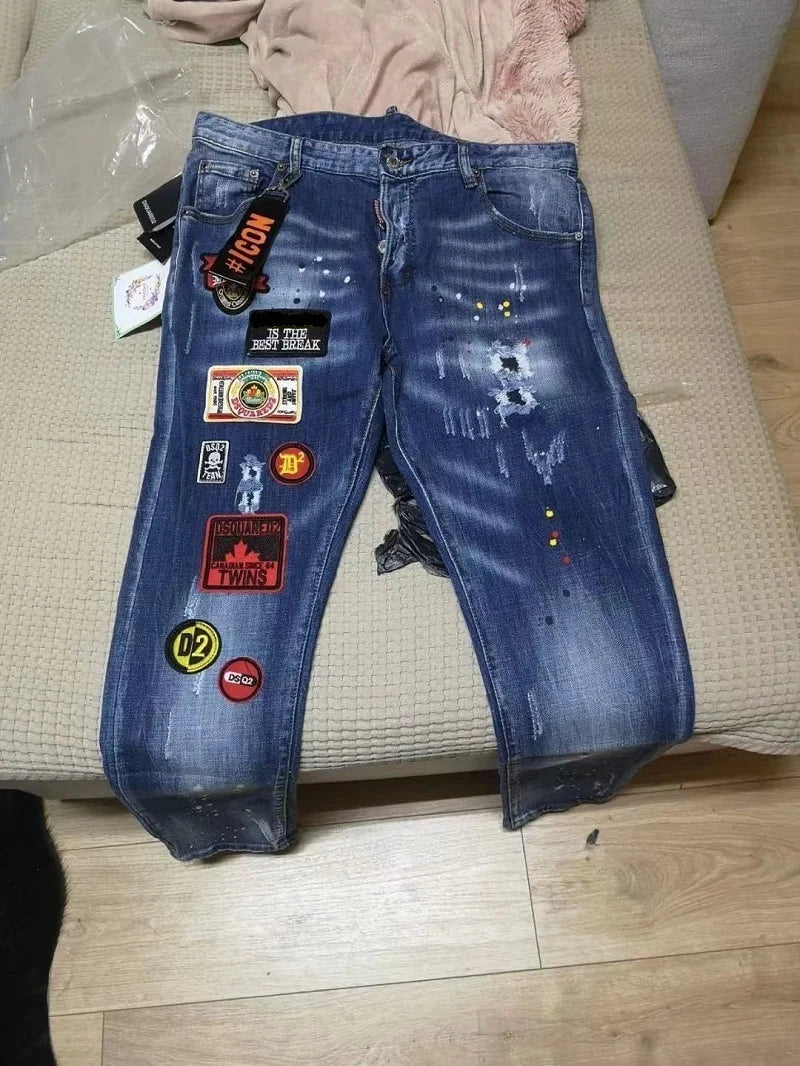 Autumn Winter New Broken Hole Splashed Paint Slim Jeans Stick Cloth Elastic Blue Beggar Trousers Denim Pants