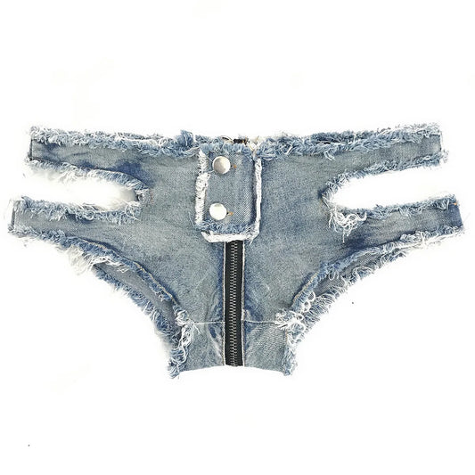 2022 neue Sommer Weibliche Sexy Low Taille Jeans Denim Shorts Aushöhlen Zipper Loch Tanga Dj Pole Dance Shorts Nachtclub