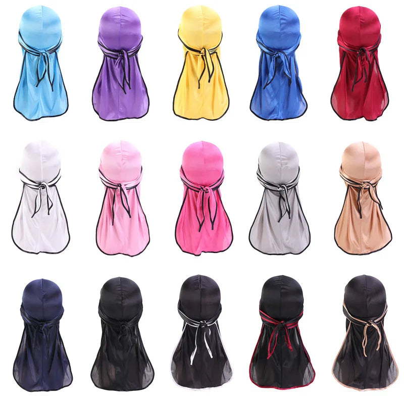 Durag mit langem Schwanz, seidiger Schal, muslimischer Doo Rag, Piratenhut, Durag, Chemo-Mütze, Totenkopfhut, Turban-Haarband, Bandanas, 18 Farben zur Auswahl