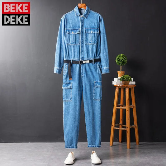 Men Hip Hop Denim Cargo Jacket Set Japan Style Retro Loose Blue Jumpsuit Multi-Pockets Casual Overalls Outdoor Trousers Male