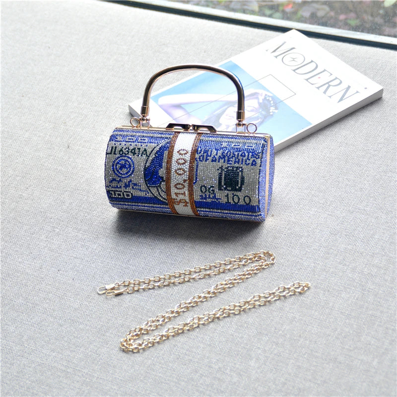 Luxury Money Clutch Rhinestone Purse 10000 Dollars Stack of Cash Evening Handbags Shoulder Wedding Dinner Bag 8 Color Wallet
