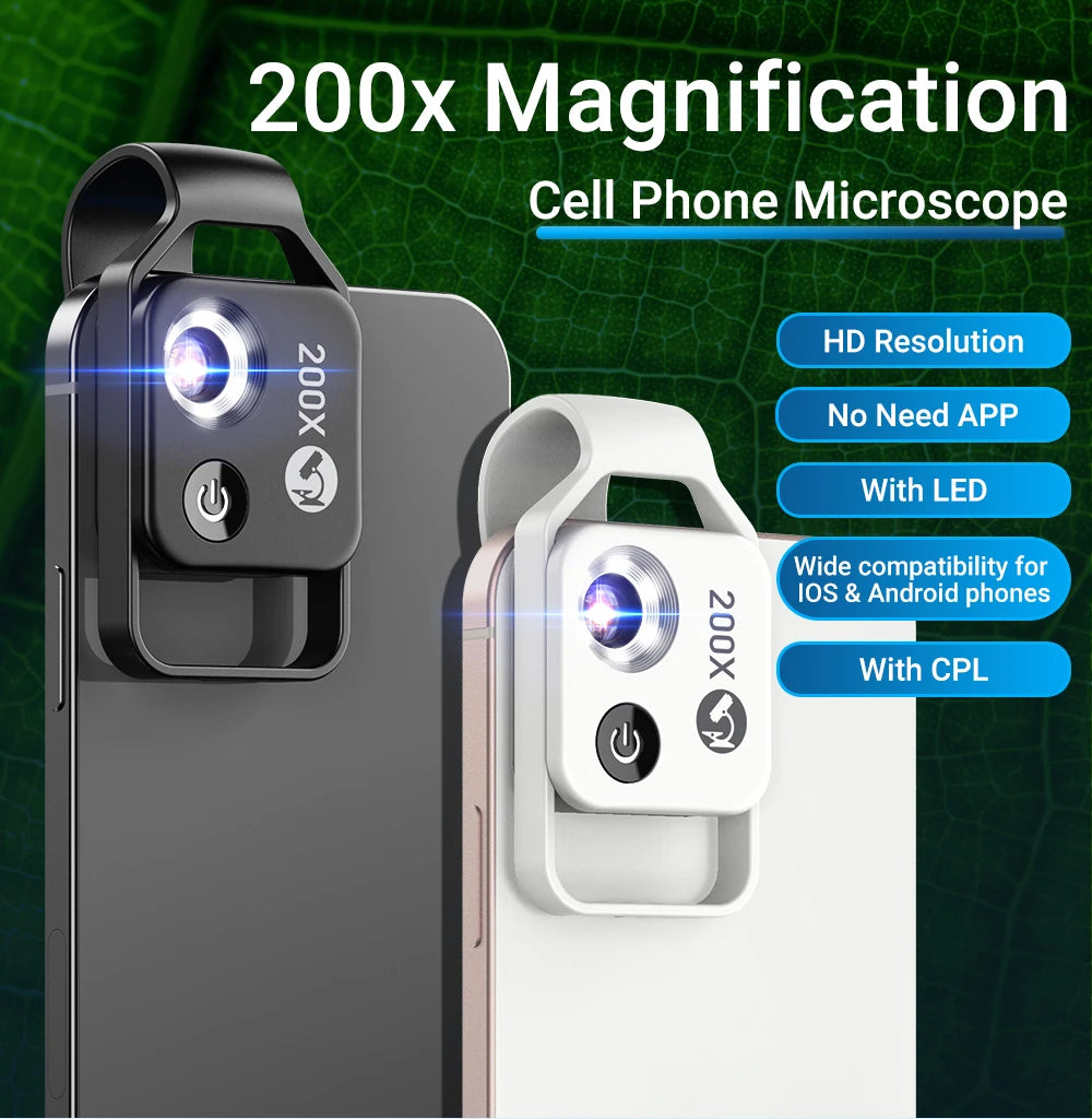 APEXEL 200X Microscope Lens for Mobile Phone Macro Lens with CPL Filter LED Light HD Camera Magnifying Lens Phone Accessories